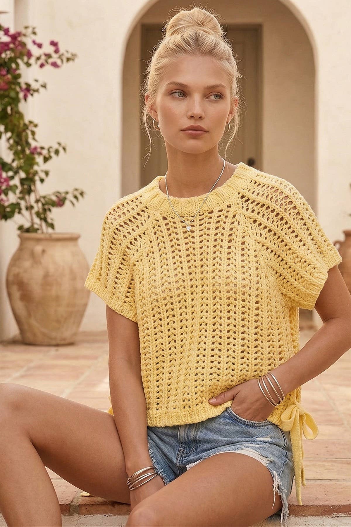 WISTERIA LANE - CHUNKY KNIT CROCHET SWEATER TOP WITH SIDE TIES W1551TIB
