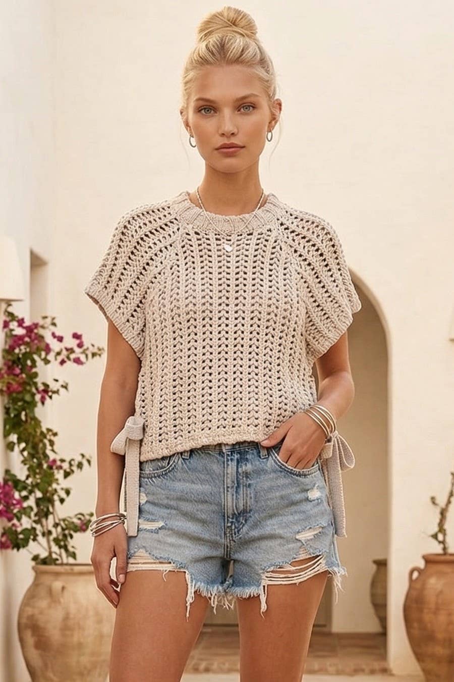 WISTERIA LANE - CHUNKY KNIT CROCHET SWEATER TOP WITH SIDE TIES W1551TIB